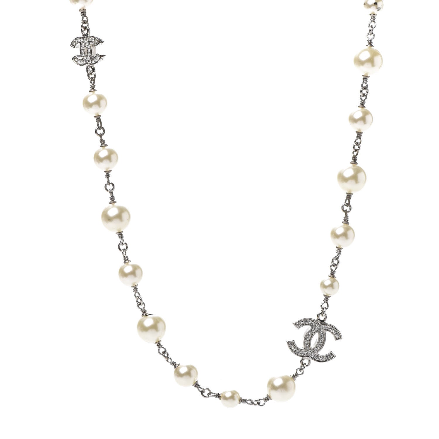 Chanel Crystal Pearl CC Long Necklace Silver 1 of 10