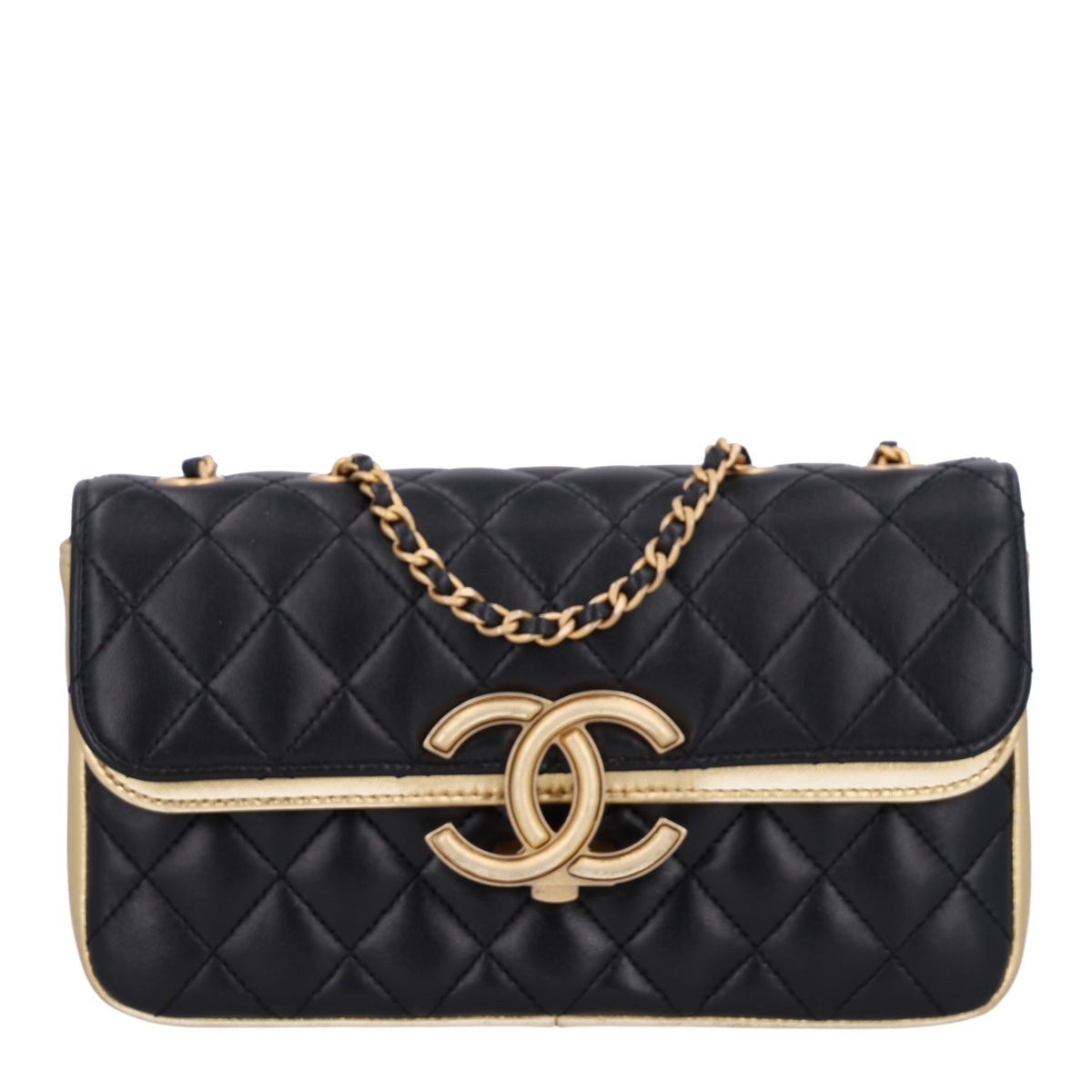 Lambskin Metallic Quilted Small CC Chic Double Flap Black Gold