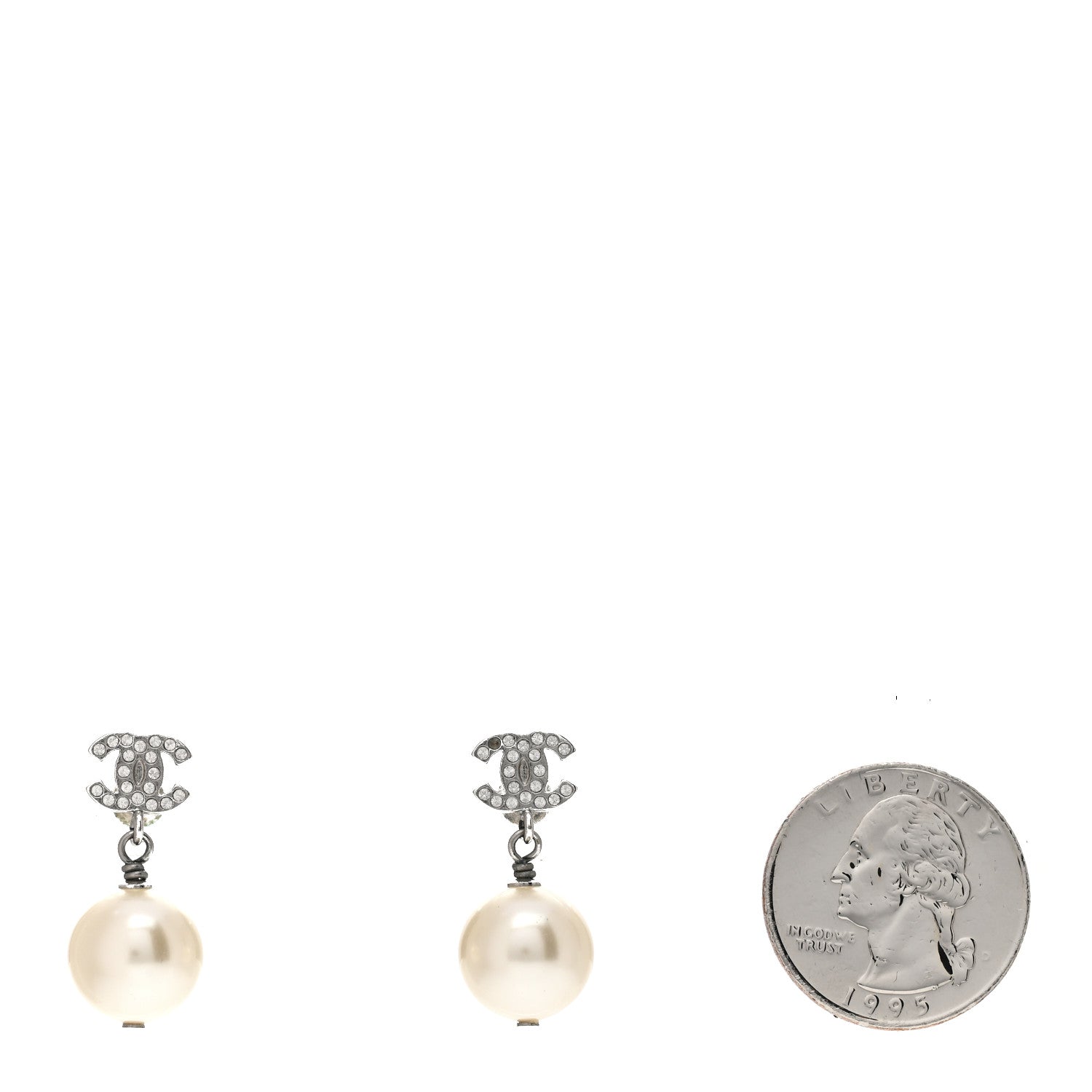 Chanel Crystal Pearl CC Drop Earrings Silver Pearly White 2 of 4