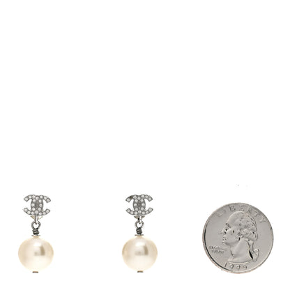 Chanel Crystal Pearl CC Drop Earrings Silver Pearly White 2 of 4