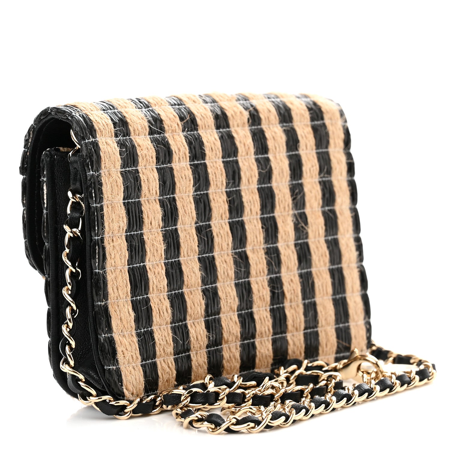 Chanel Raffia Jute Striped Belt Bag Black Beige 2 of 12