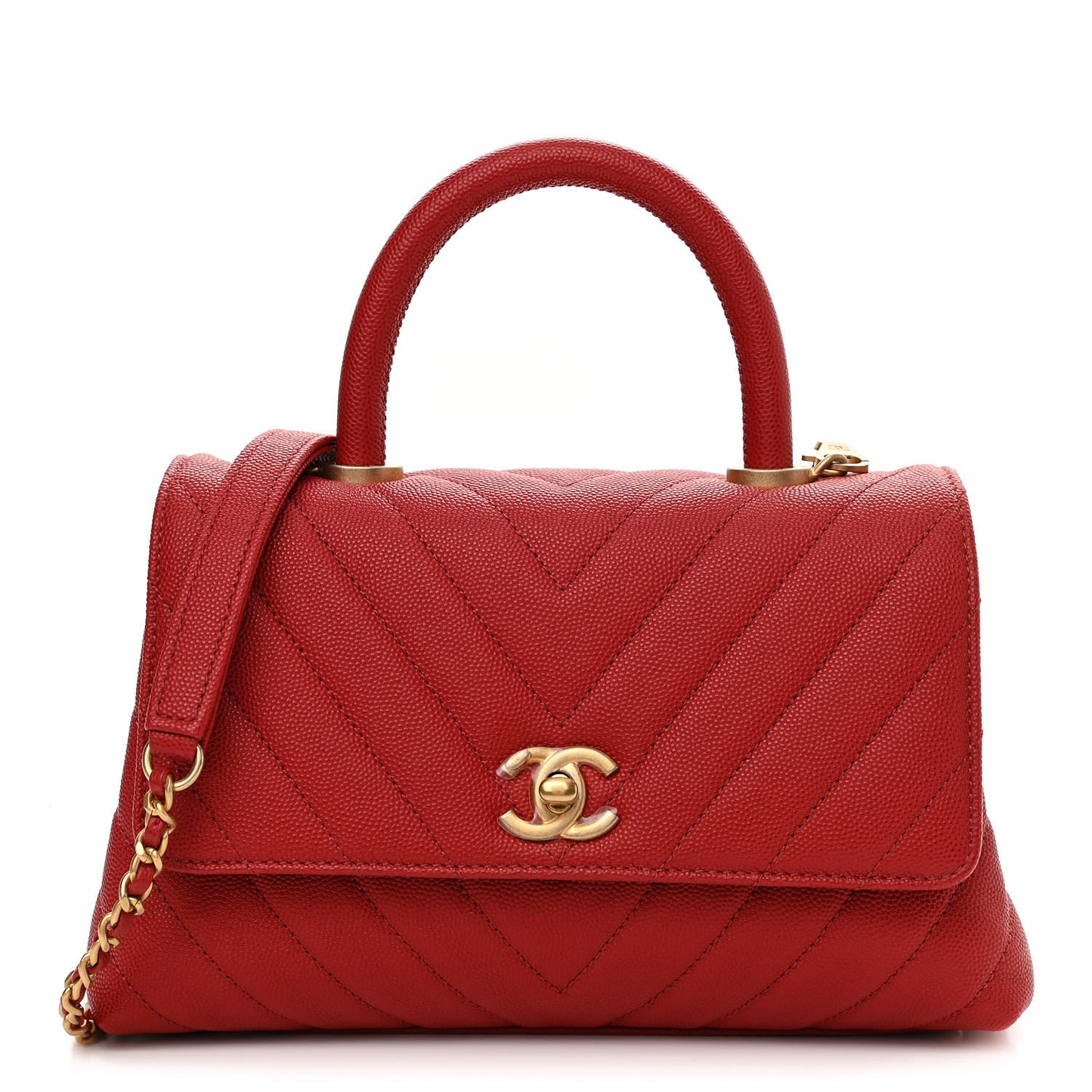 Caviar Chevron Quilted Mini Coco Handle Flap Red