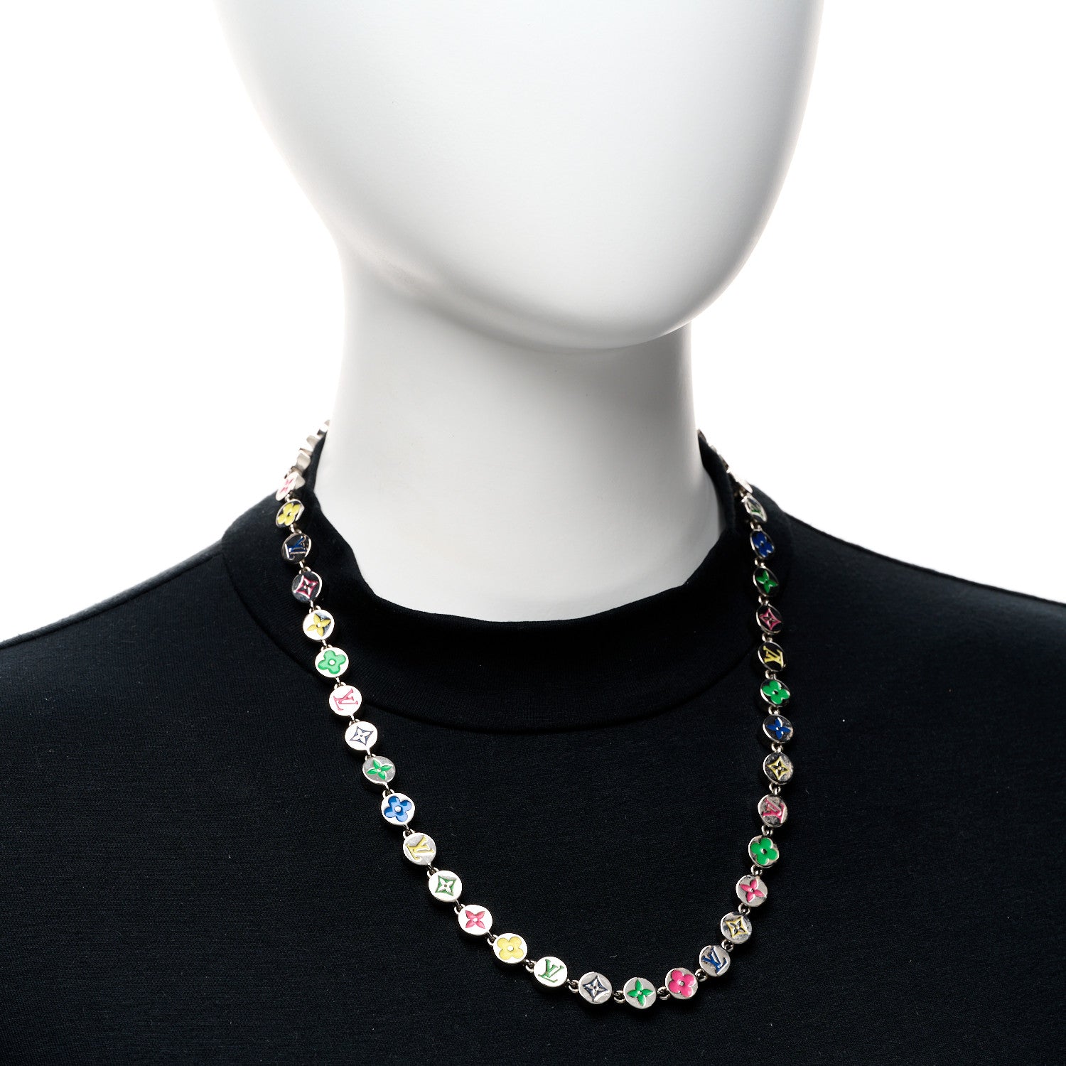 Louis Vuitton Metal Enamel Monogram Necklace Silver Multicolor 2 of 5