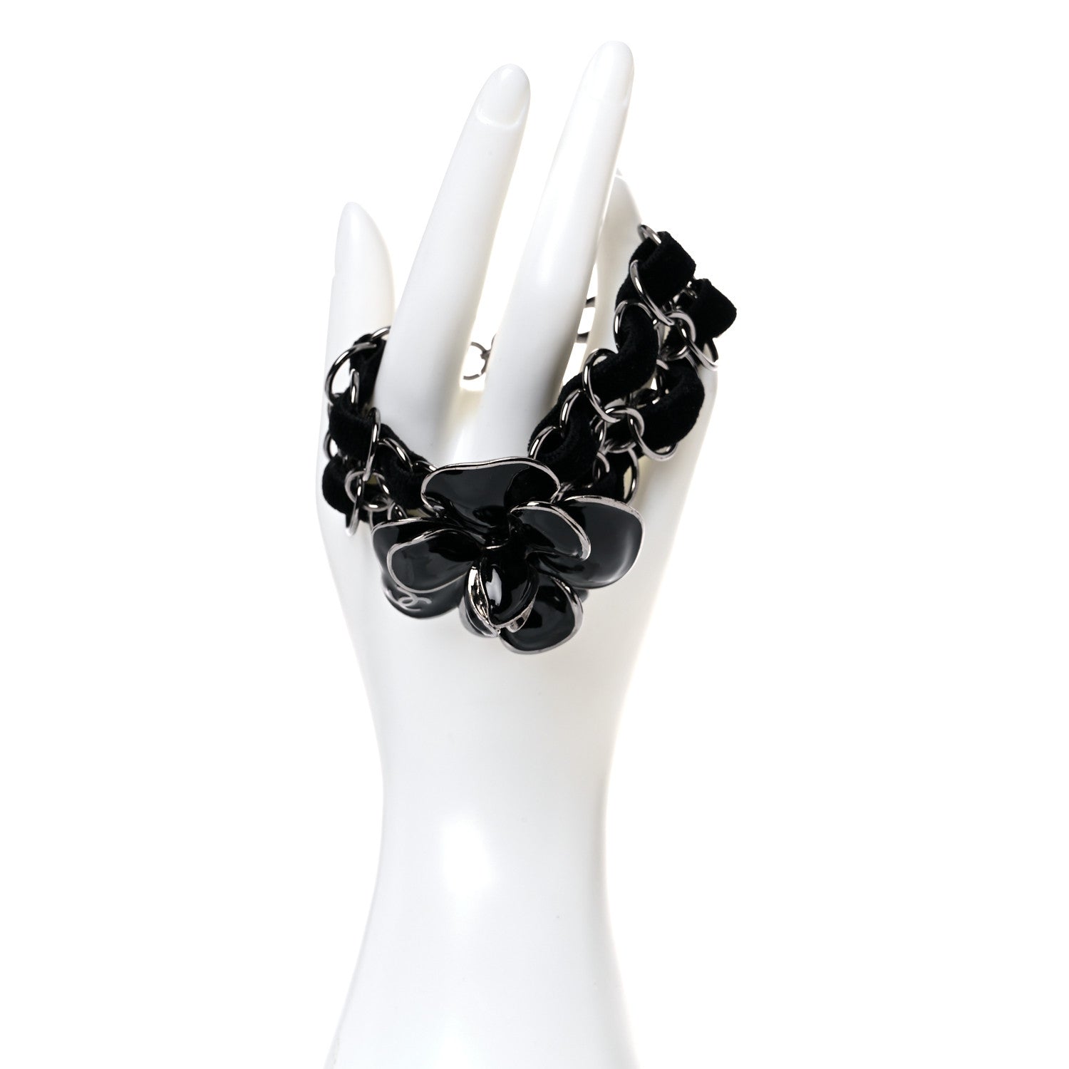 Chanel Velvet Resin CC Camellia Chain Bracelet Black 2 of 4