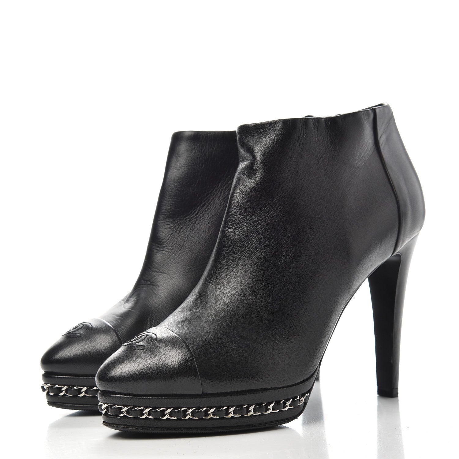 Chanel Lambskin CC Platform Cap Toe Chain Ankle Boots 37 Black 3 of 10
