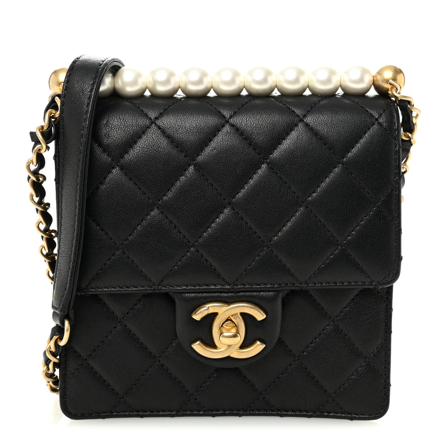 Goatskin Quilted Chic Pearls Flap Black