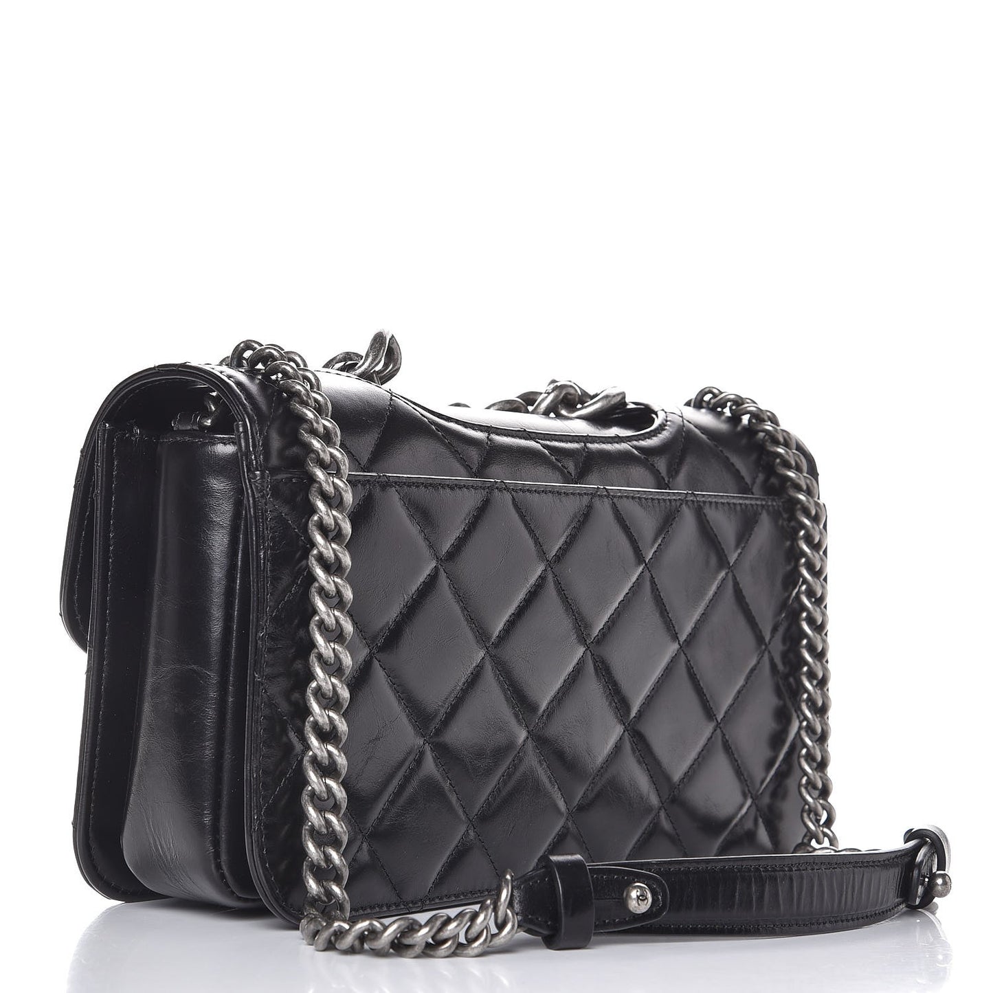 Glazed Calfskin Quilted Medium Perfect Edge Flap Black