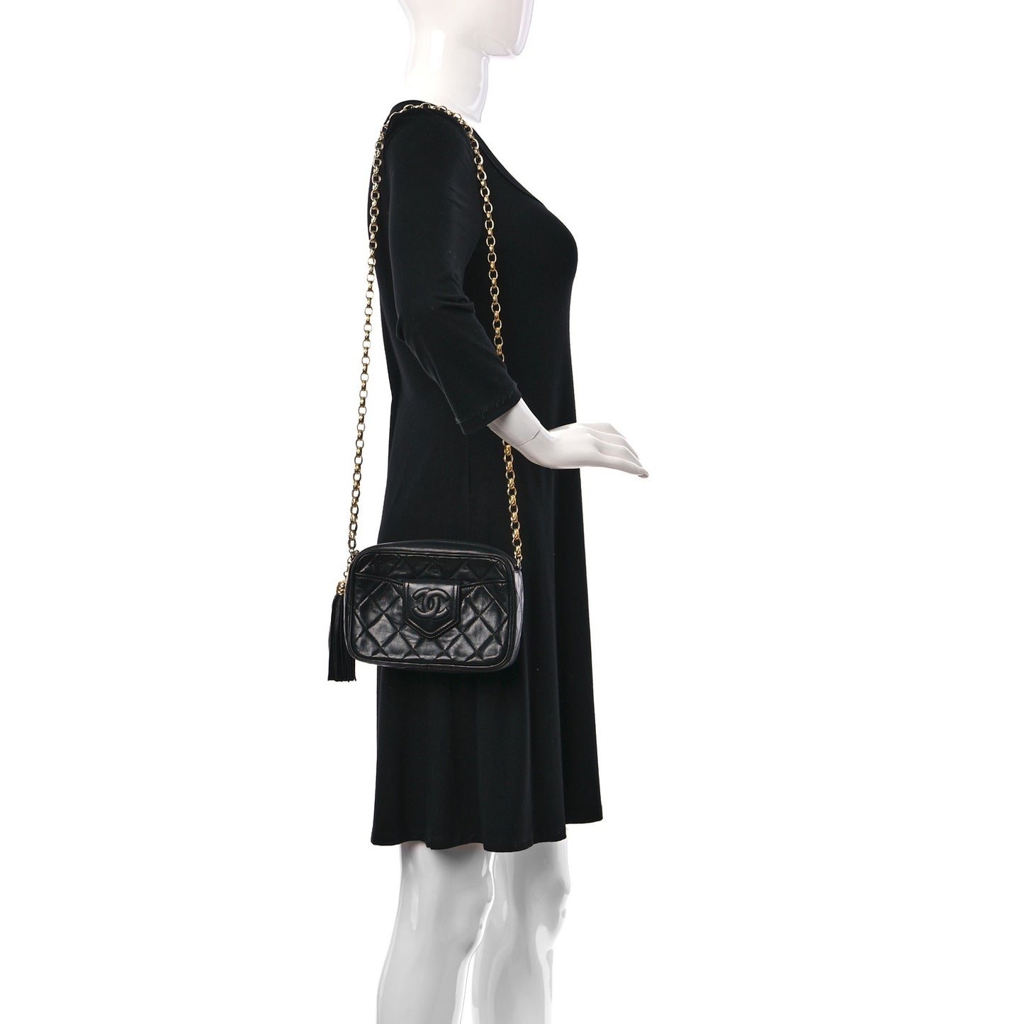 Lambskin Quilted CC Tassel Camera Case Black