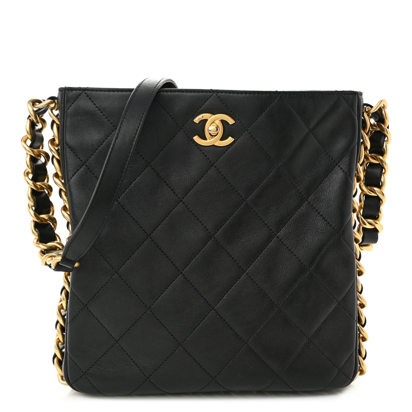 Calfskin Quilted Framing Chain Hobo Black