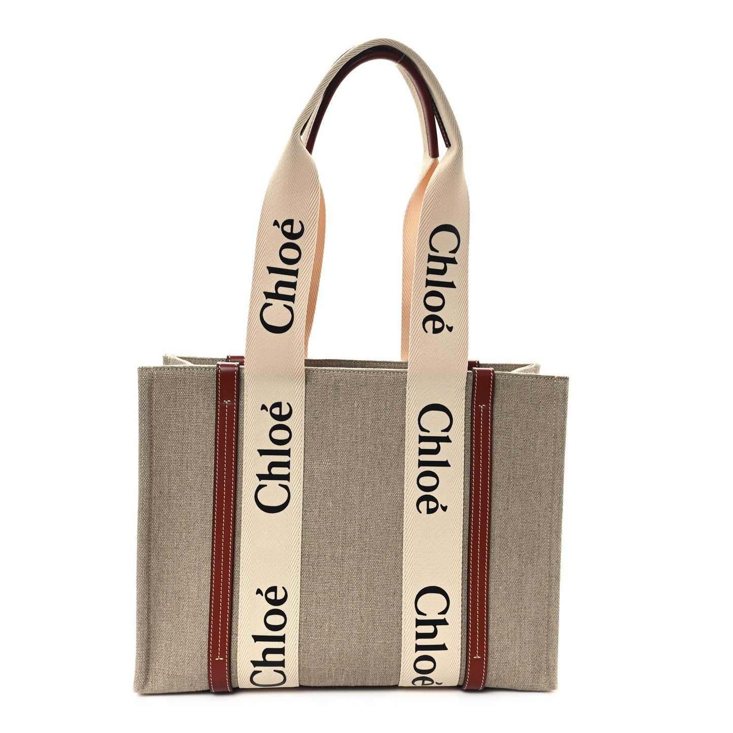 Linen Calfskin Medium Woody Ribbon Tote White Brown