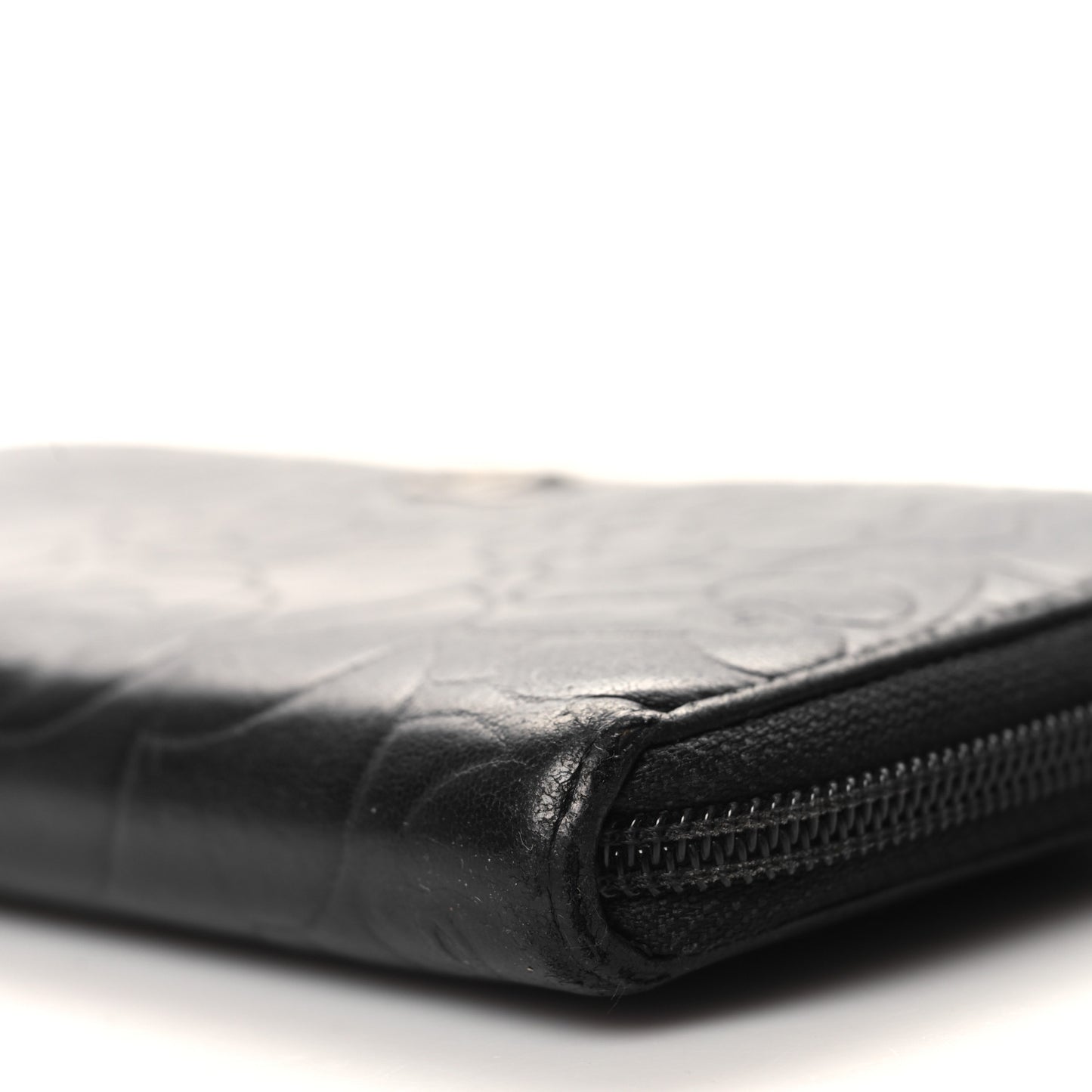 Lambskin Camellia Embossed Large Zip Around Gusset Wallet Black