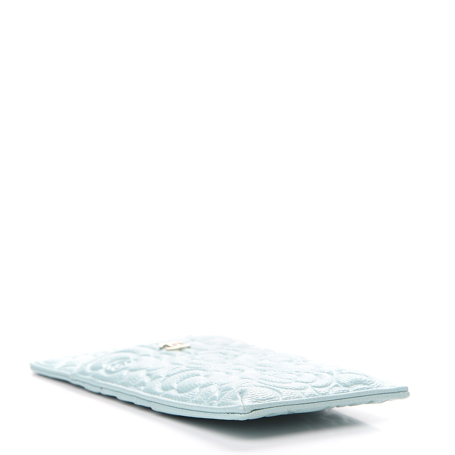 Chanel Caviar Camellia Embossed Classic Flat Wallet Pouch Light Blue 3 of 7