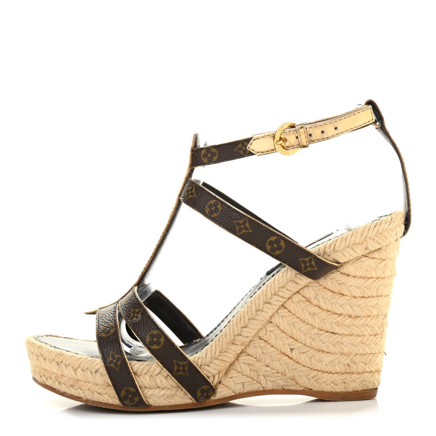 Monogram Metallic Bahamas T-Strap Espadrille Wedge Sandals 37 Brown