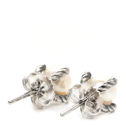 David Yurman Sterling Silver Diamond Pearl 7mm Earrings 3 of 6