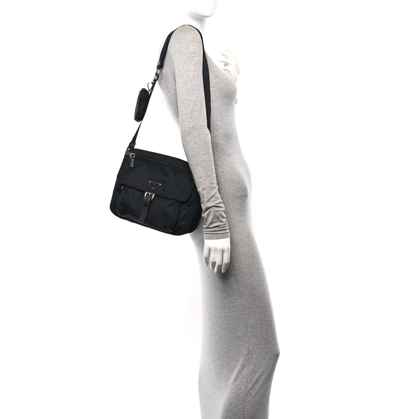 Re-Nylon Vela Saffiano Pocket Single Buckle Messenger Shoulder Bag Black