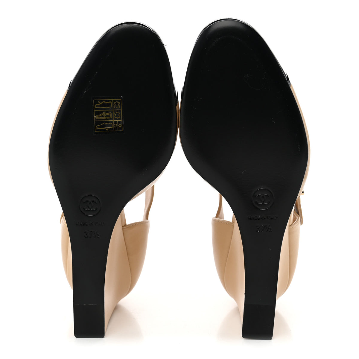 Chanel Lambskin Patent Cap Toe Mary Jane Wedge Pumps 37.5 Beige Black 6 of 10