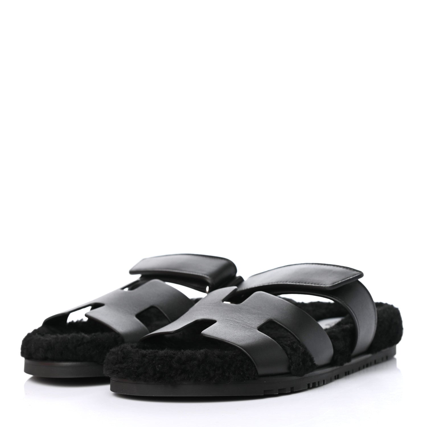 Hermes Calfskin Woolskin Womens Chypre Sandals 41 Black 3 of 9