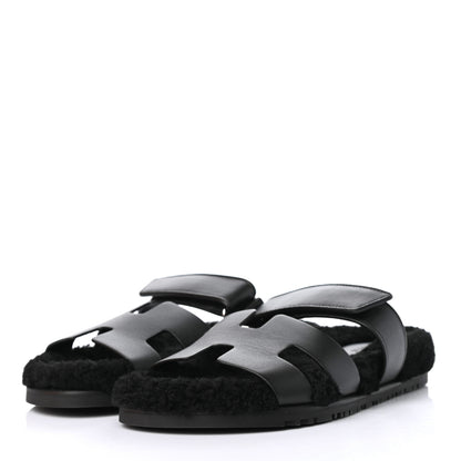 Hermes Calfskin Woolskin Womens Chypre Sandals 41 Black 3 of 9