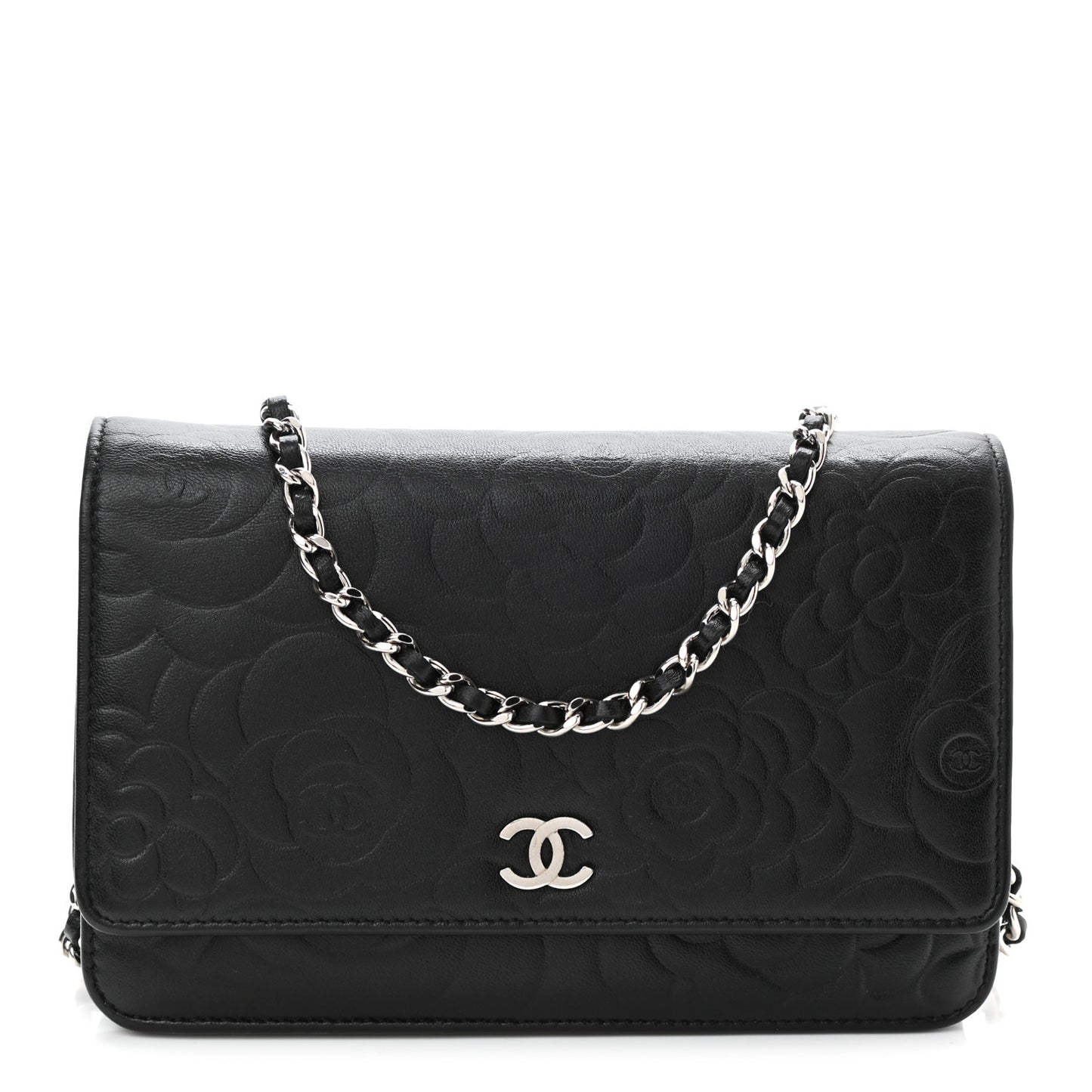 Lambskin Camellia Embossed Wallet on Chain WOC Black