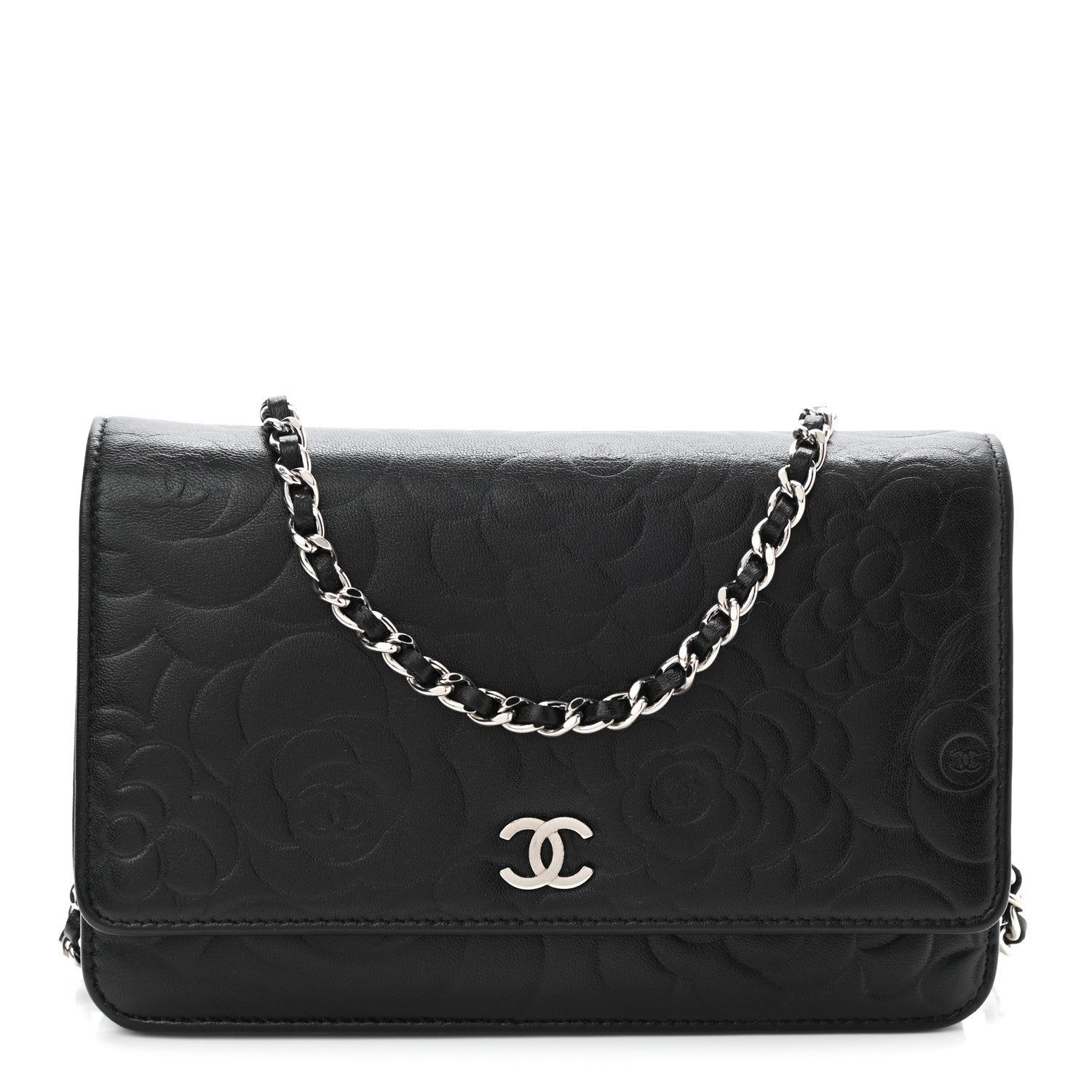 Chanel Lambskin Camellia Embossed Wallet on Chain WOC Black 1 of 11