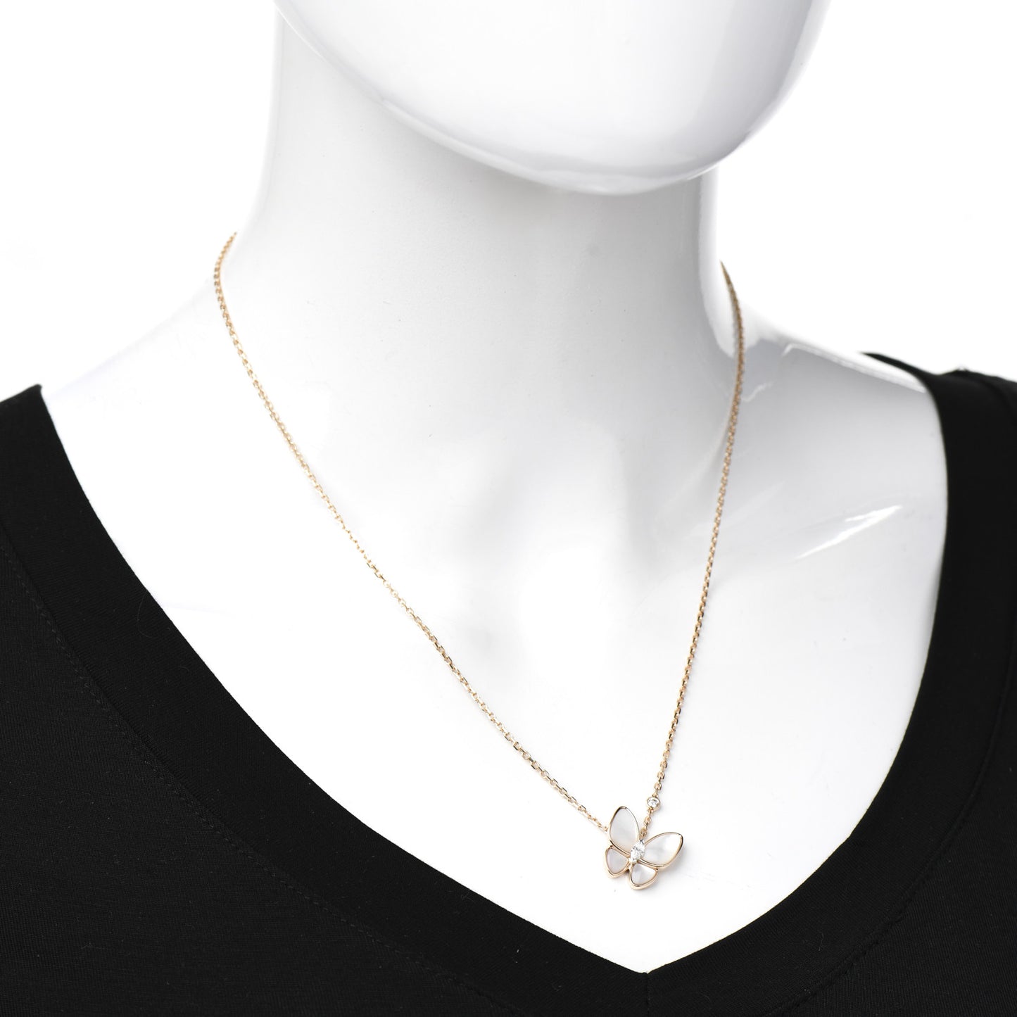 18K Rose Gold Diamond Mother of Pearl Two Butterfly Pendant Necklace