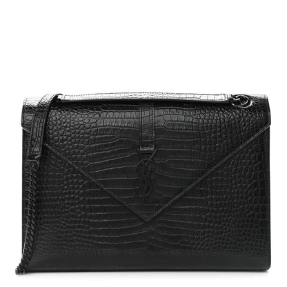 Saint Laurent Calfskin Crocodile Embossed Monogram Large Satchel Black 1 of 15