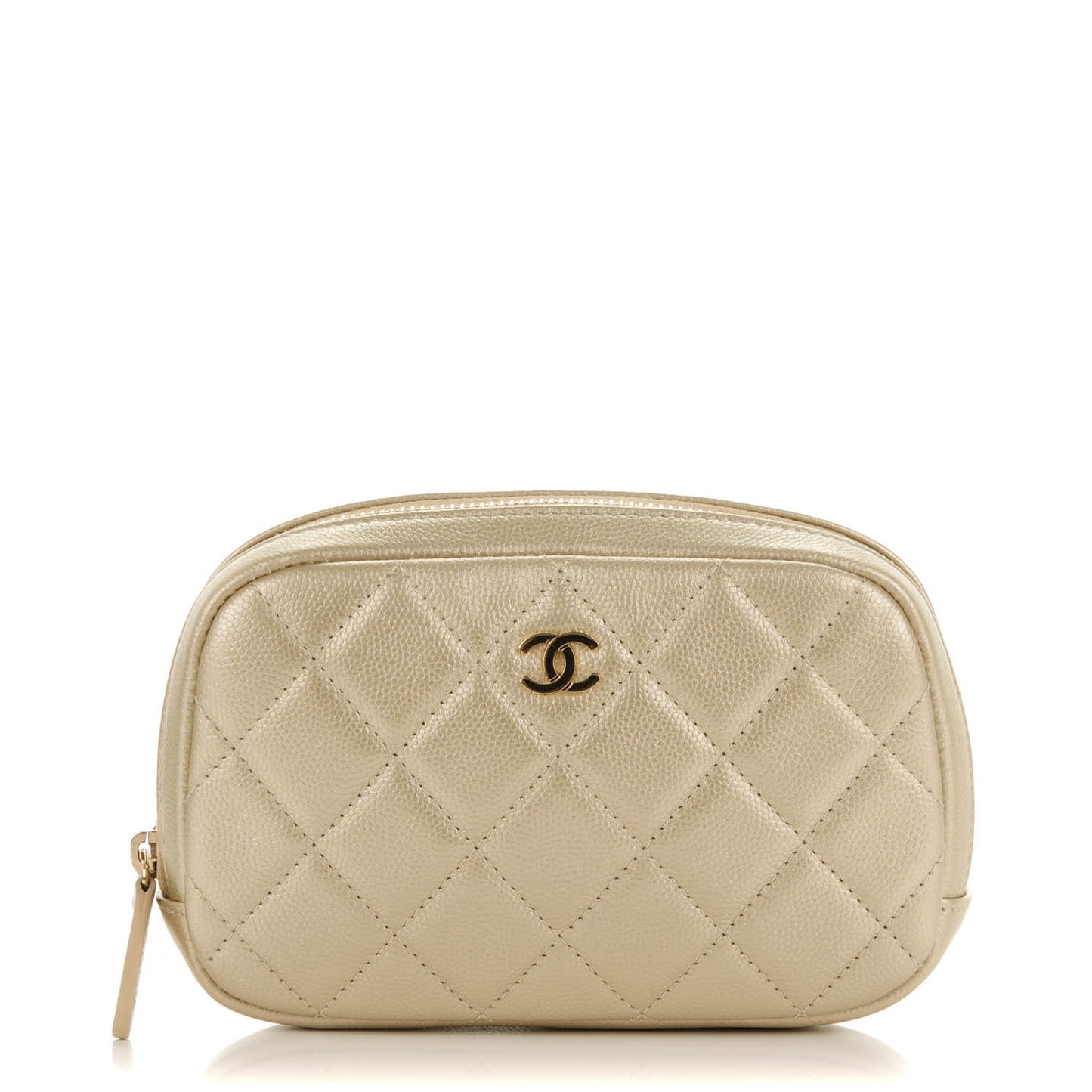 Metallic Caviar Quilted Small Curvy Pouch Cosmetic Case Gold