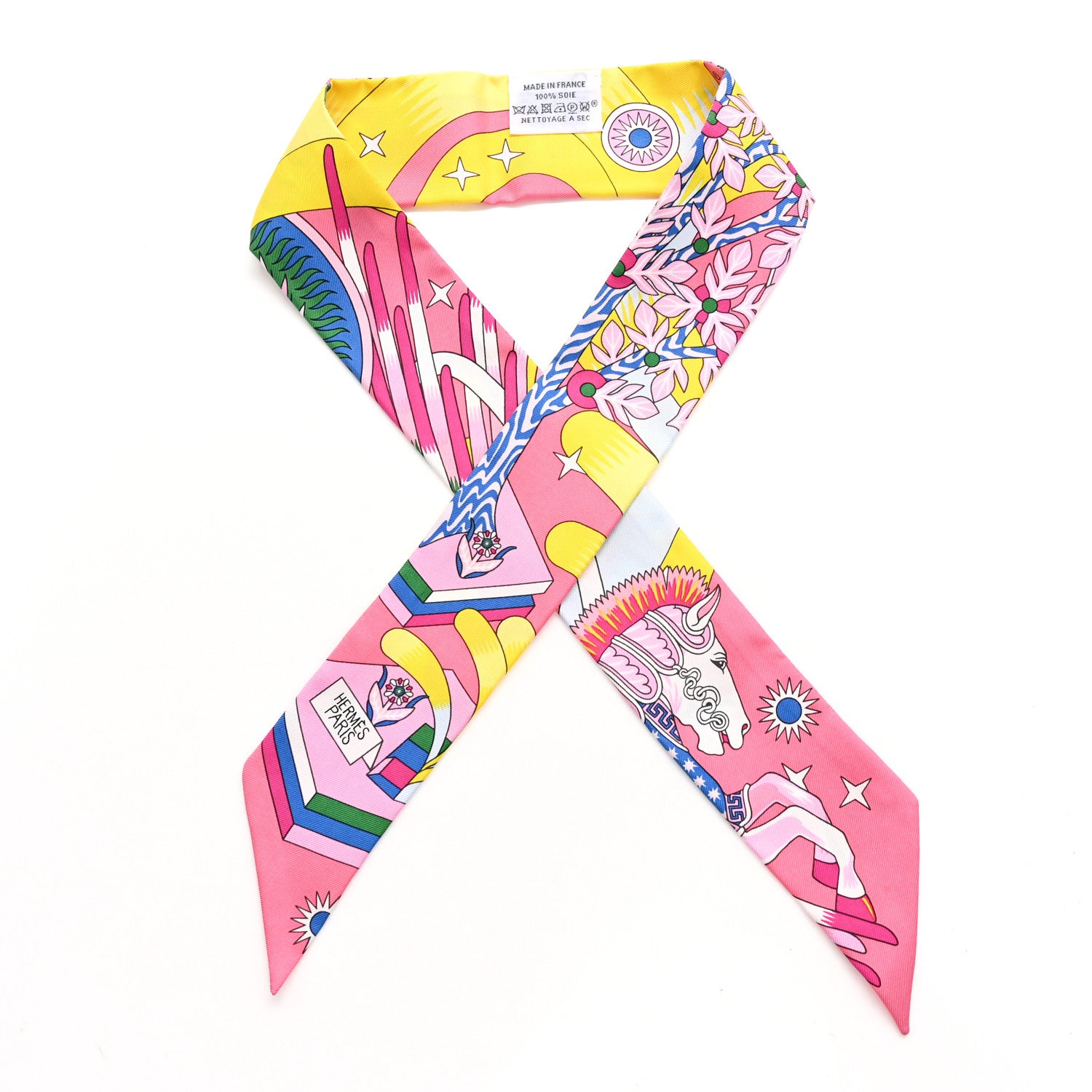 Hermes Silk La Source de Pegase Twilly Rose Vif Jaune Vif 1 of 4