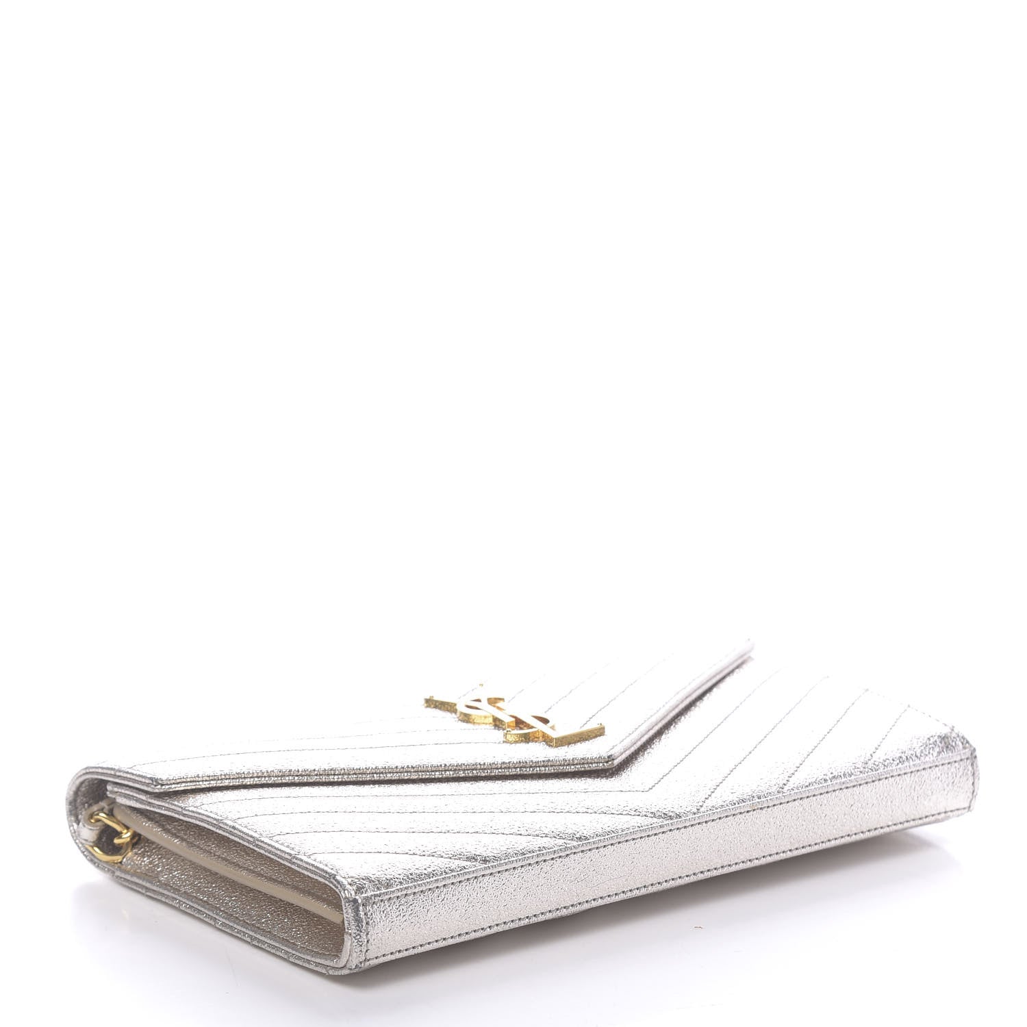 Saint Laurent Metallic Crackled Calfskin Matelasse Chevron Monogram Chain Wallet Platine 4 of 10