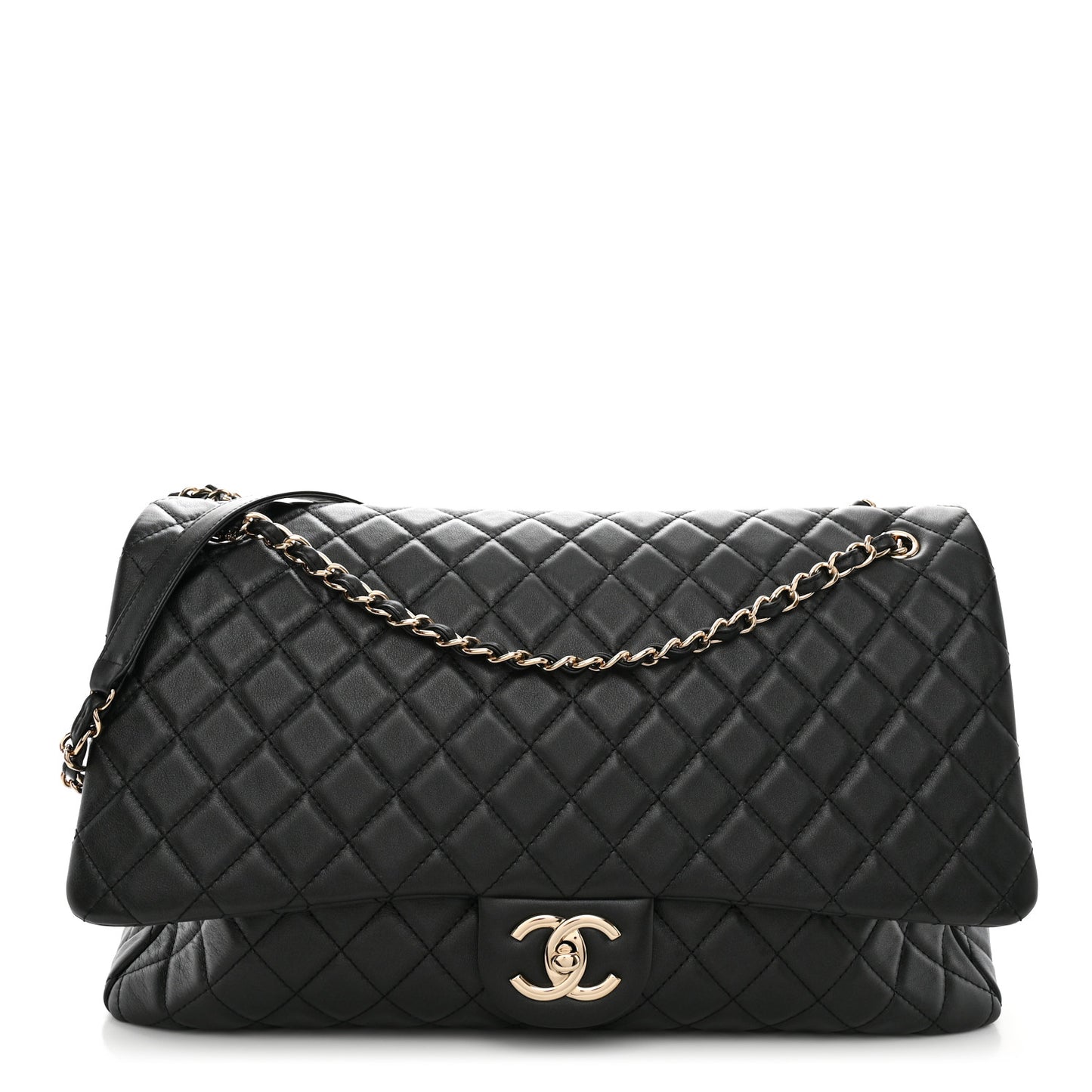Calfskin Quilted XXL Travel Flap Bag Black