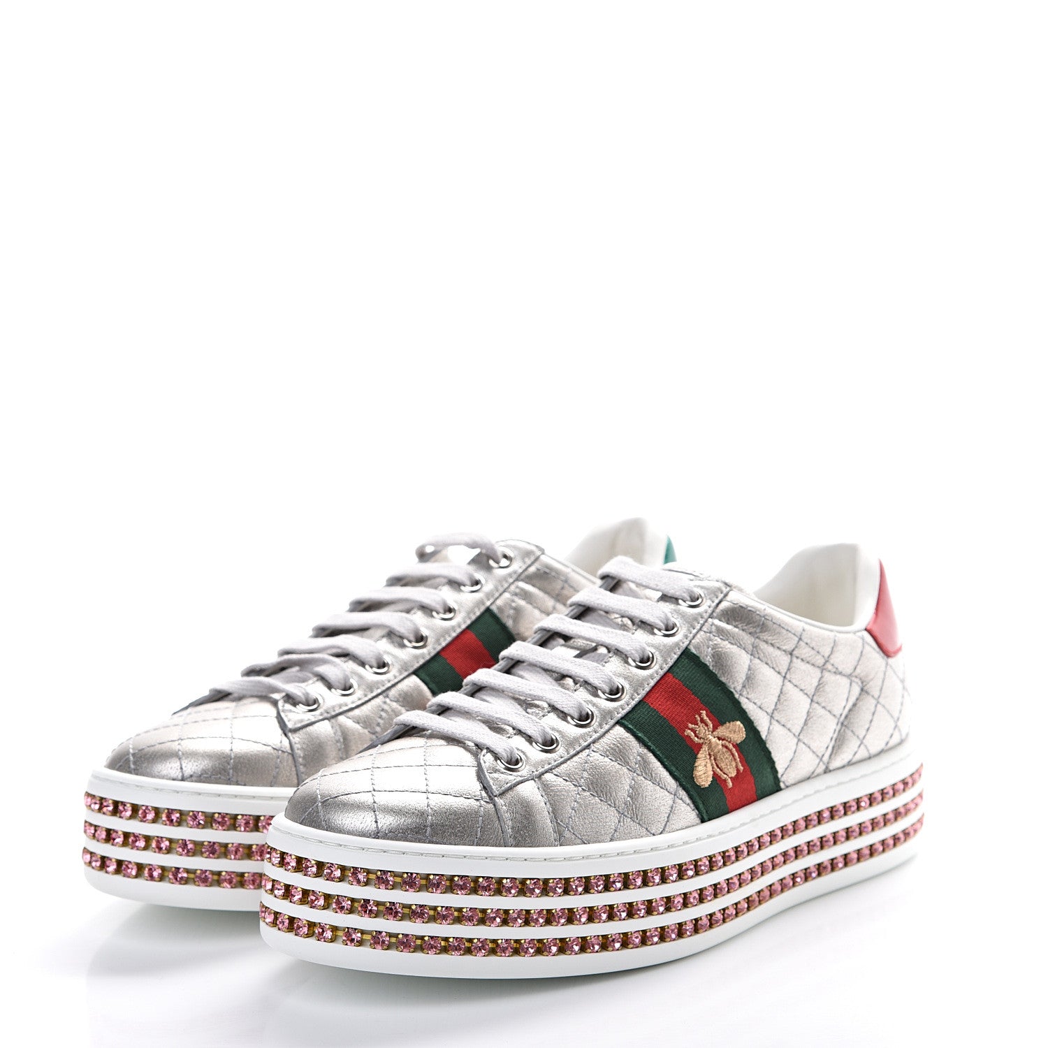 Gucci Laminated Nappa Crystal Web Bee Embroidered Trapuntata Womens Ace Platform Sneakers 36.5 Argento 3 of 8
