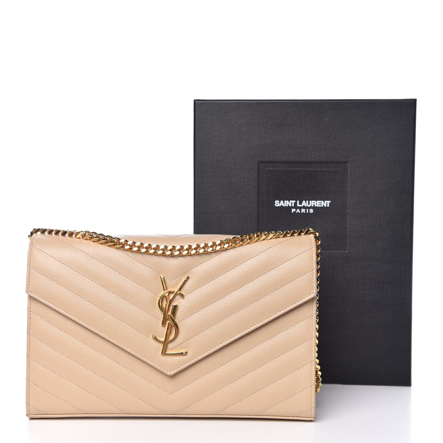 Saint Laurent Grain De Poudre Matelasse Chevron Monogram Chain Wallet Nude Powder 16 of 16