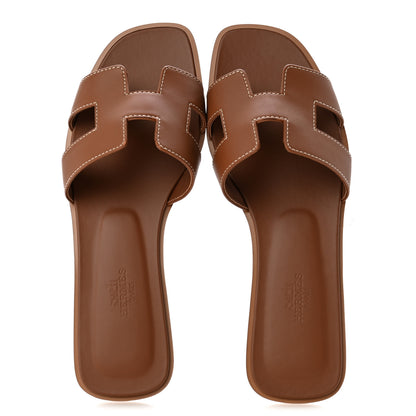 Hermes Box Calfskin Oran Sandals 37 Gold 2 of 10