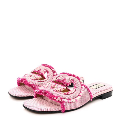 Gucci Fringed Canvas Interlocking G Cut Out Slide Sandals 37 Princess Fuxia Natural 4 of 9