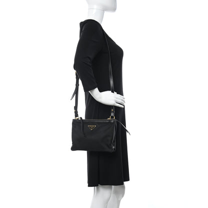 Prada Tessuto Nylon Soft Calf Double Zip Crossbody Bag Black 2 of 11