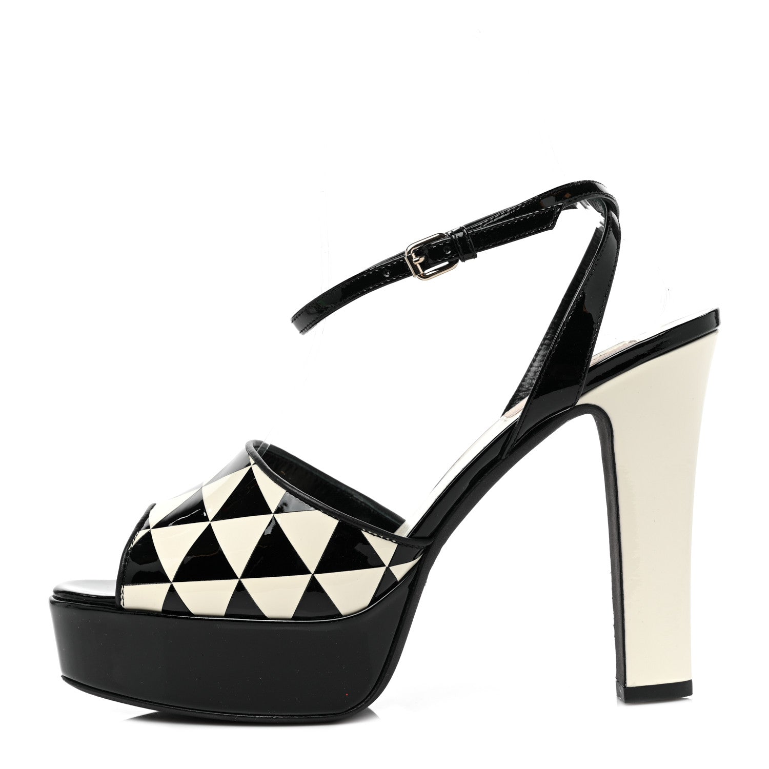 Valentino Garavani Patent Chevron Shiny Fever Ankle Strap 85/115mm Platform Sandals 38.5 Black Light Ivory 1 of 9
