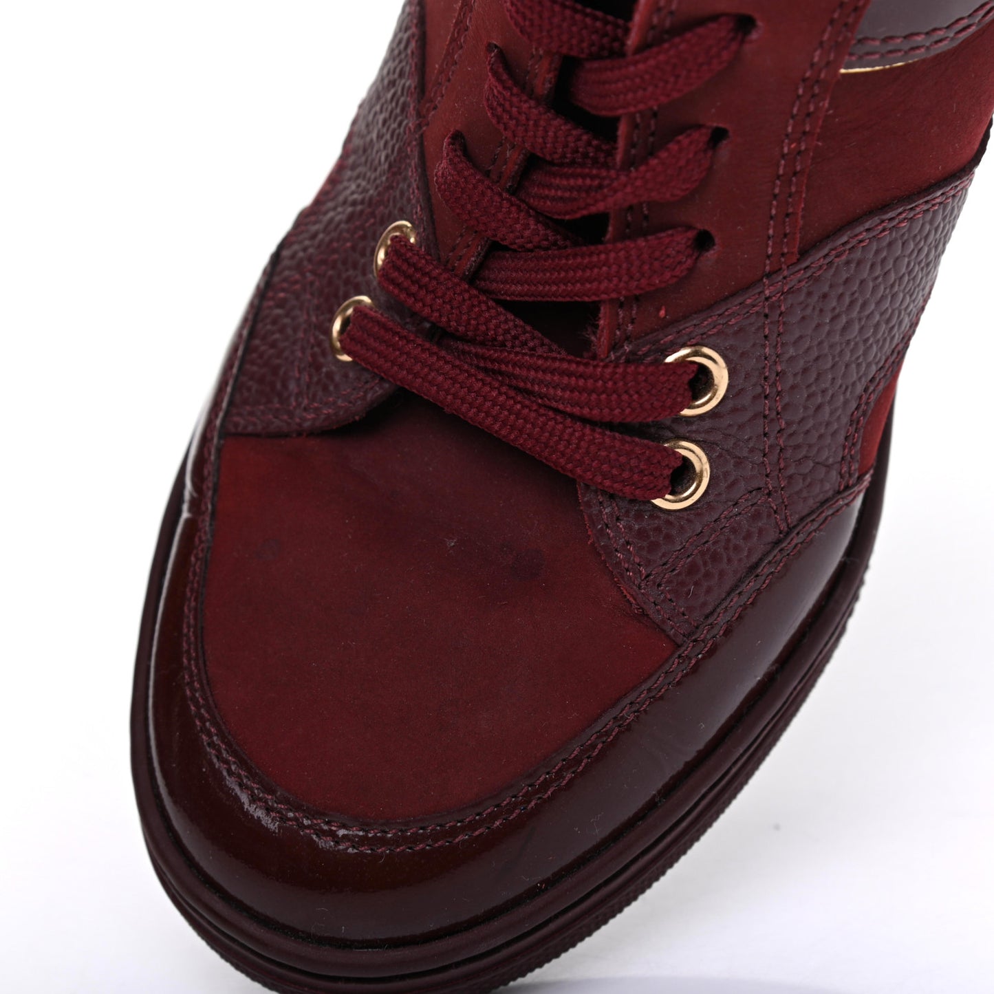 Calfskin Patent Suede Monogram Cliff Top Wedge Sneakers 36.5 Burgundy