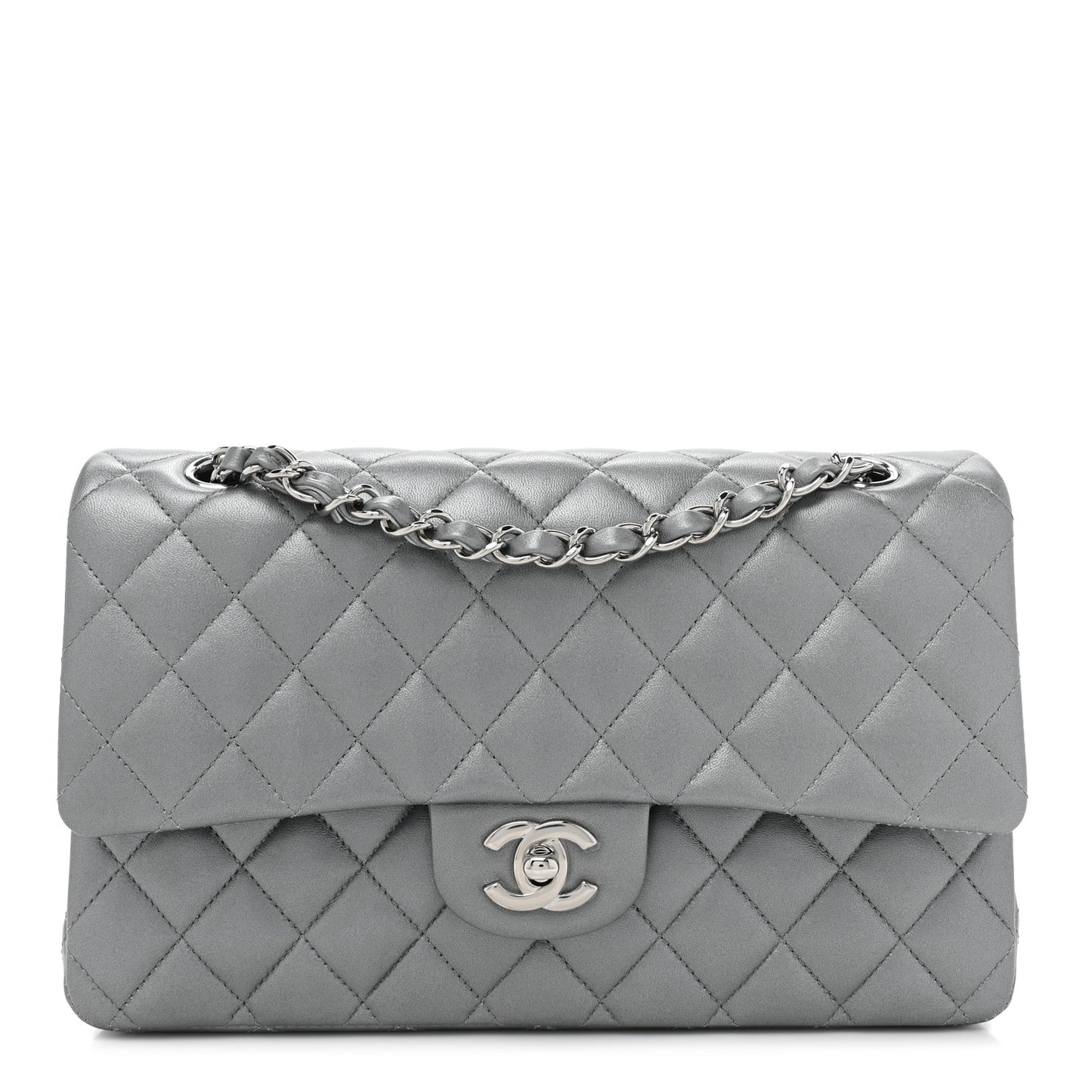 Metallic Lambskin Quilted Medium Double Flap Silver
