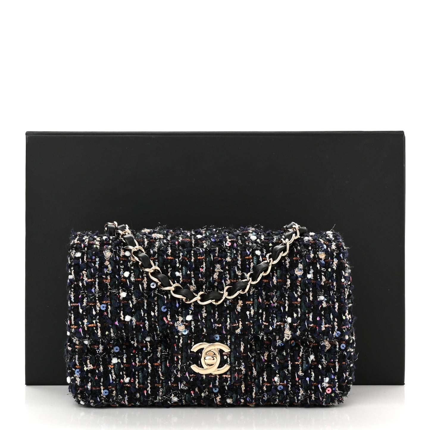 Glittered Tweed Quilted Mini Rectangular Flap Navy Blue Mulitcolor