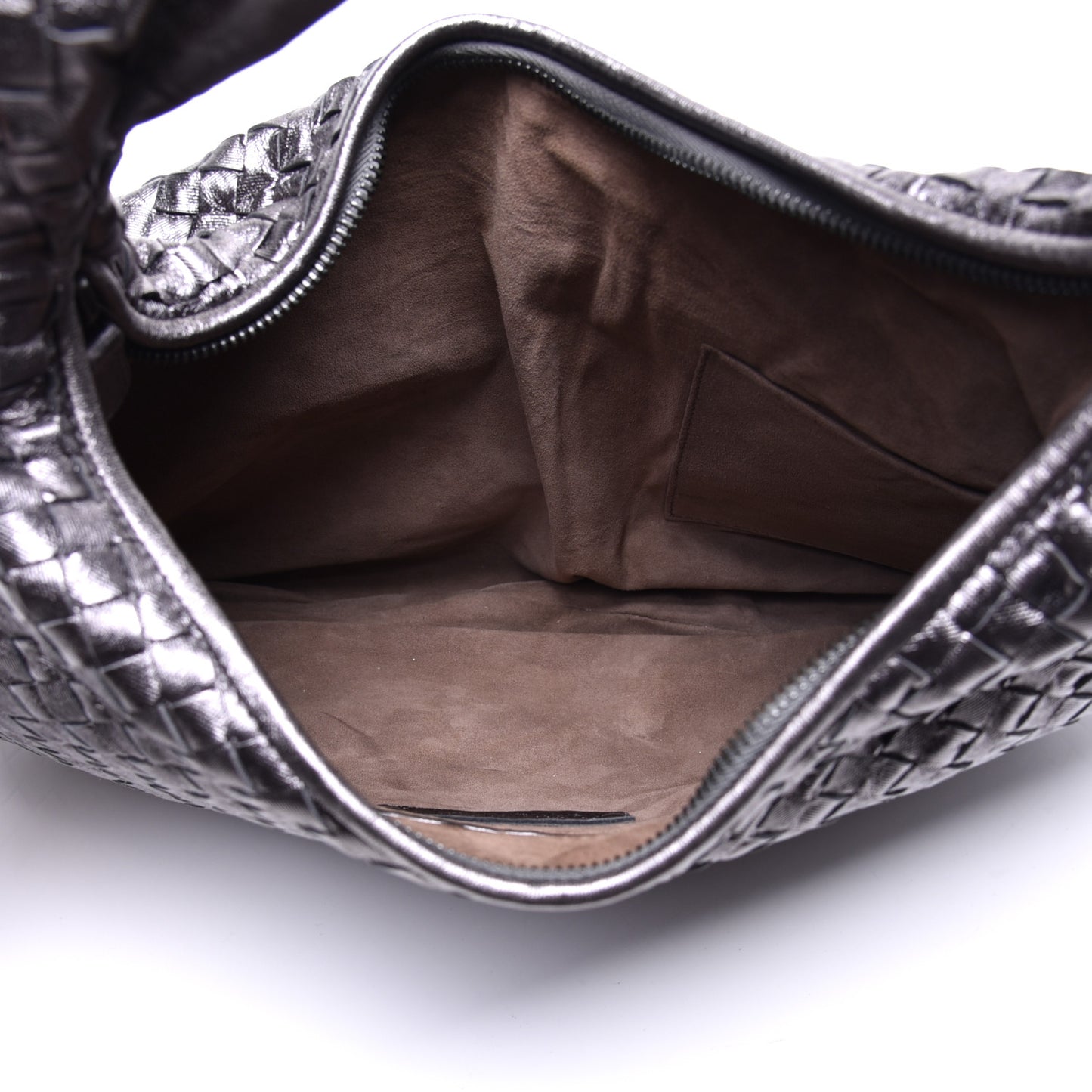 Metallic Nappa Intrecciato Medium Veneta Hobo Pewter