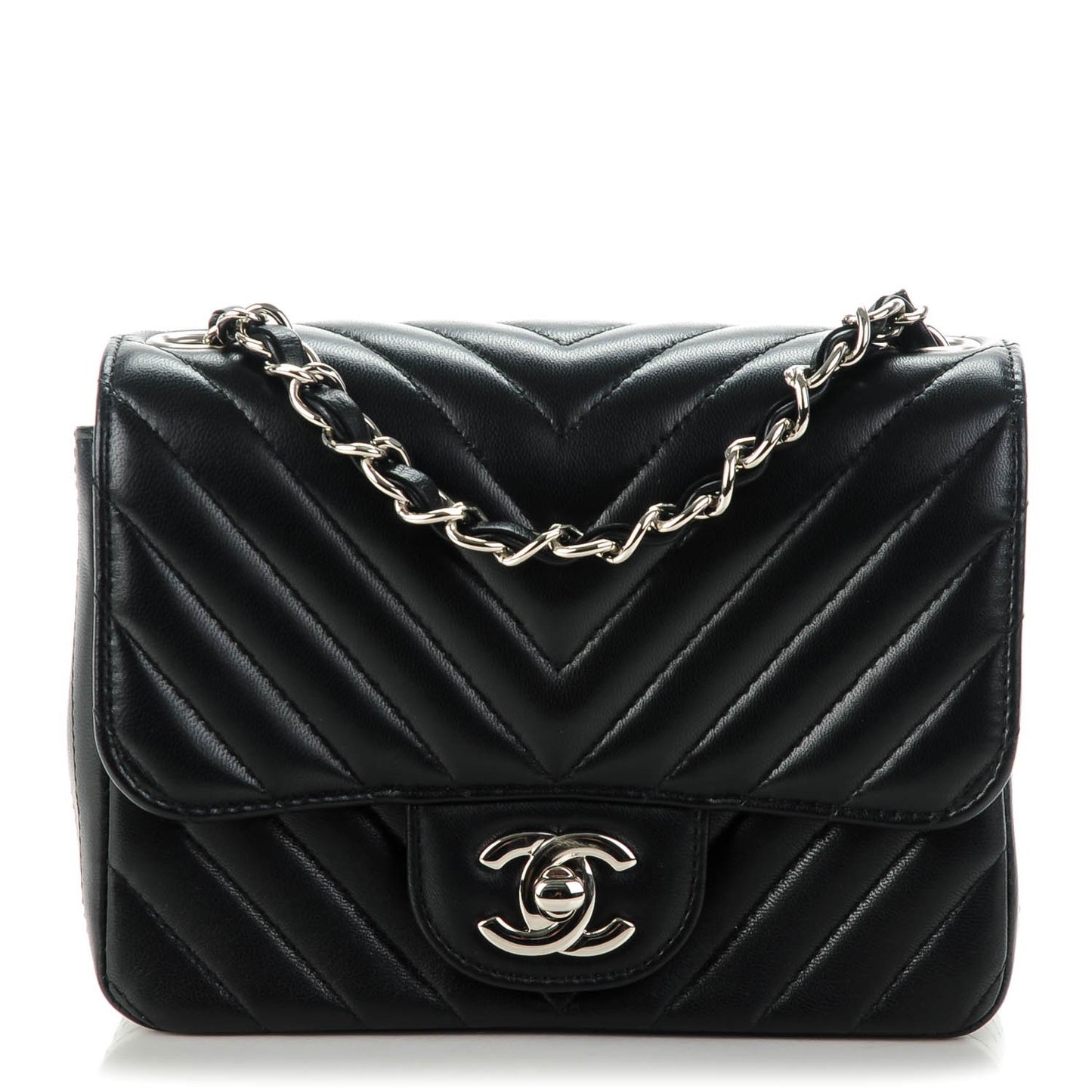 Lambskin Chevron Quilted Mini Square Flap Black