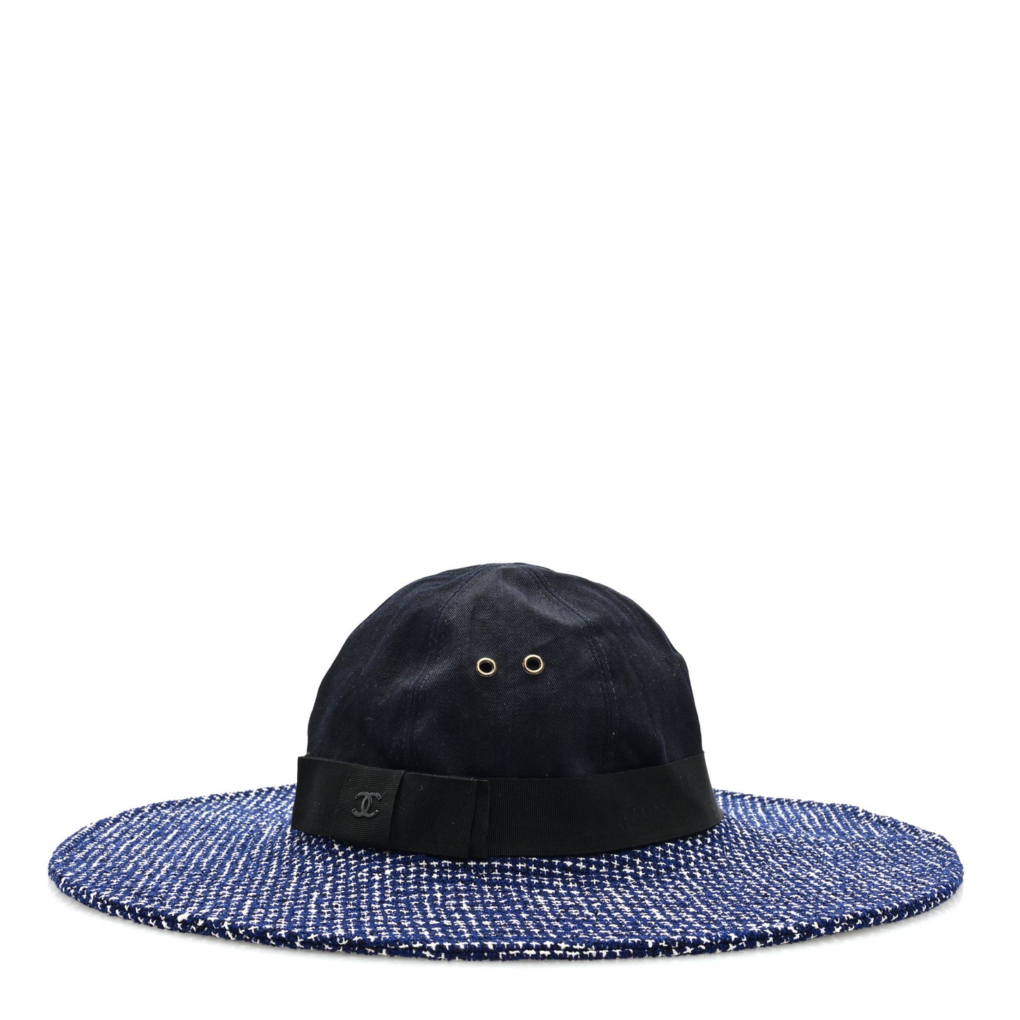 Tweed Cotton Wide Brim Hat 56 Navy White Black