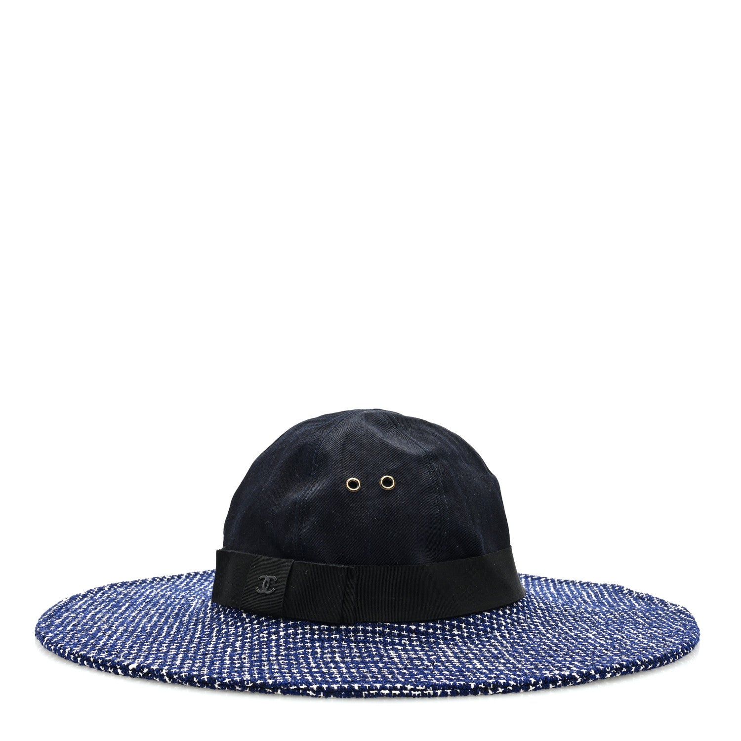 Chanel Tweed Cotton Wide Brim Hat 56 Navy White Black 5 of 8