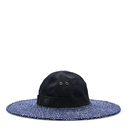 Chanel Tweed Cotton Wide Brim Hat 56 Navy White Black 5 of 8