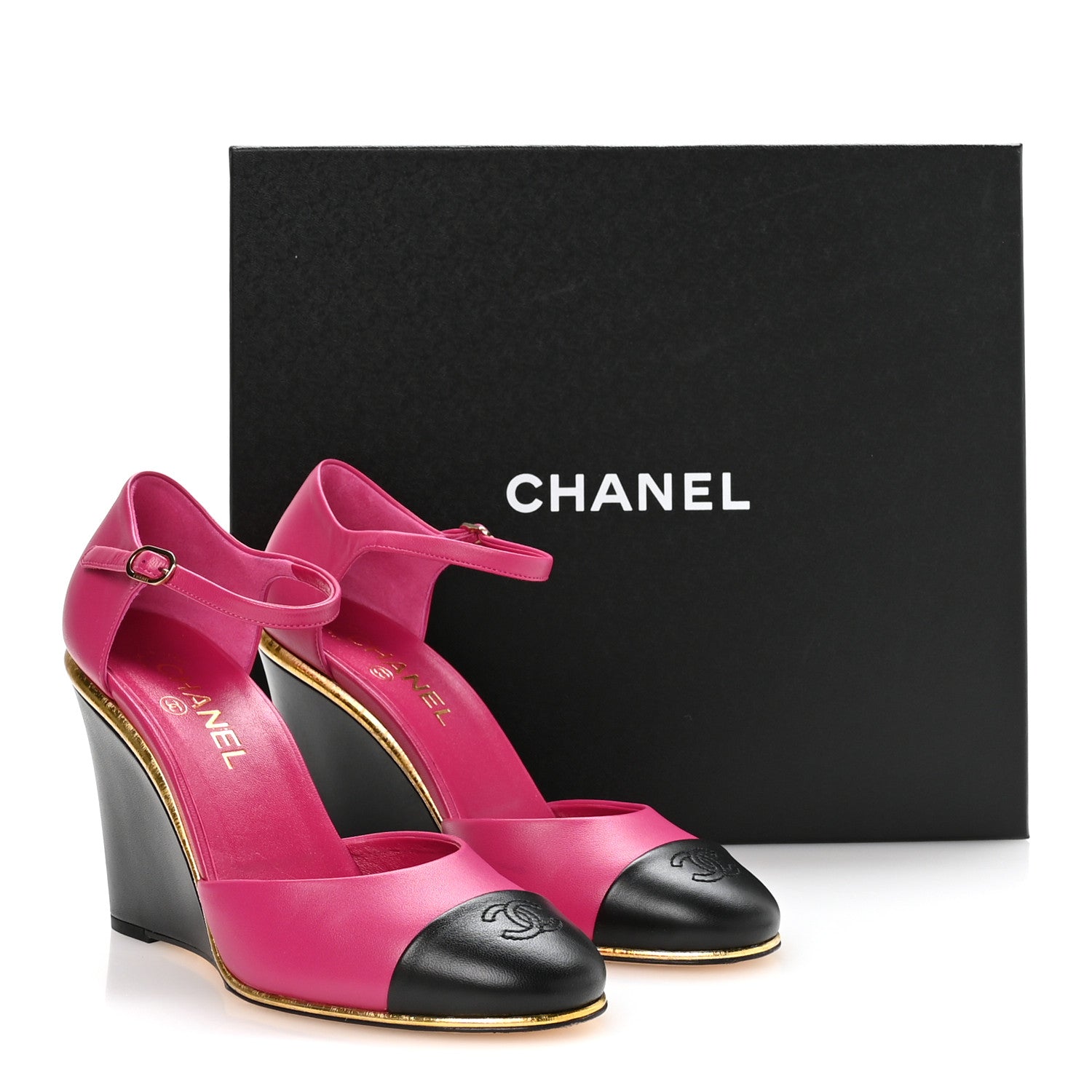 Chanel Lambskin Cap Toe Open Wedge Pumps 40 Fuchsia Black 9 of 9