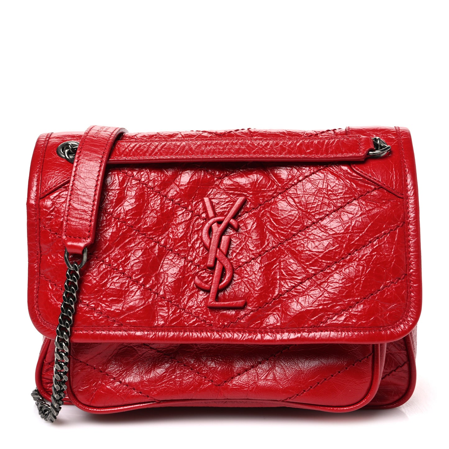 Crinkled Calfskin Matelasse Monogram Baby Niki Chain Satchel Rouge Eros