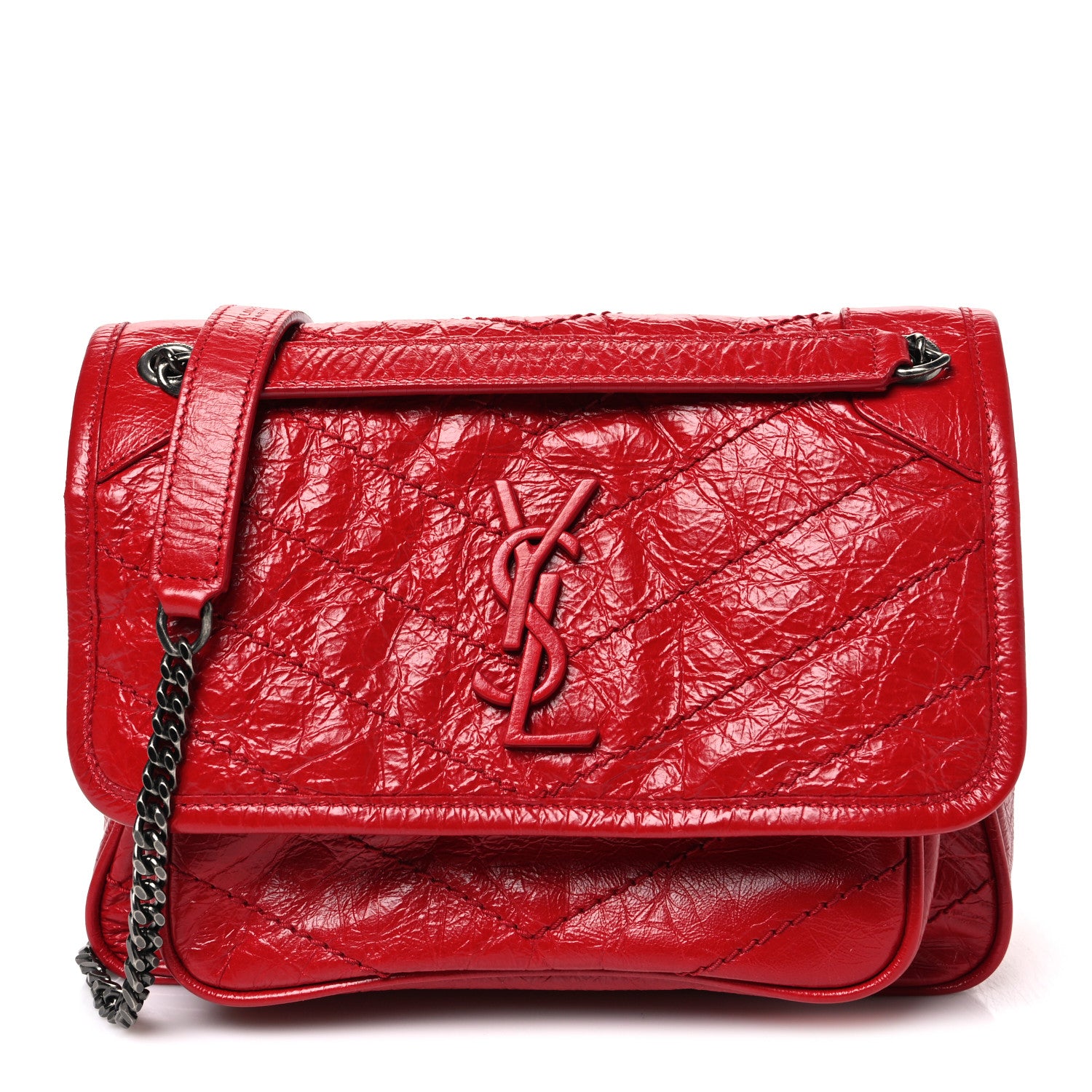 Saint Laurent Crinkled Calfskin Matelasse Monogram Baby Niki Chain Satchel Rouge Eros 1 of 10