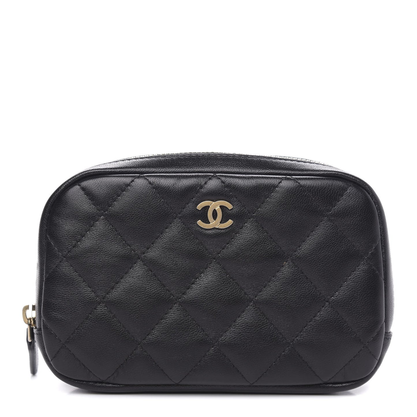 Lambskin Quilted Small Curvy Pouch Cosmetic Case Black