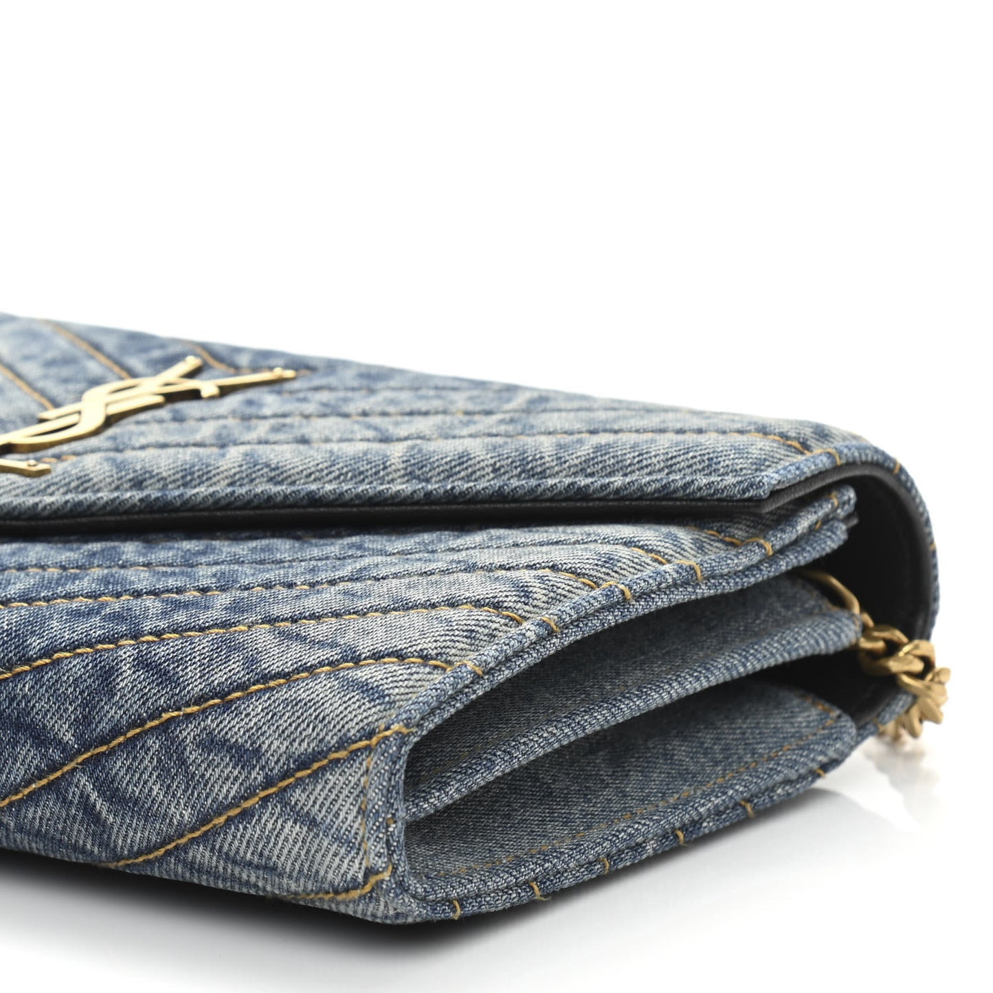 Denim Matelasse Chevron Monogram Chain Wallet Blue Jeans