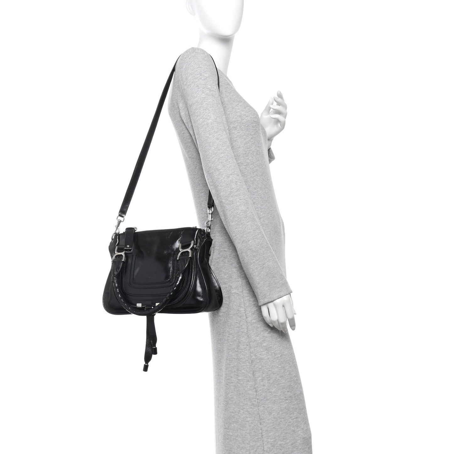 Shiny Grained Calfskin Small Marcie Bag Black